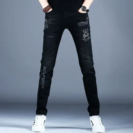 烫钻印花高端牛仔裤男款裤子潮流男士秋冬款2023新款小脚修身男裤商品大图