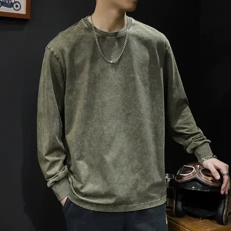 春季水洗复古长袖t恤男纯棉2024新款潮牌宽松大码男士打底衫春秋图片
