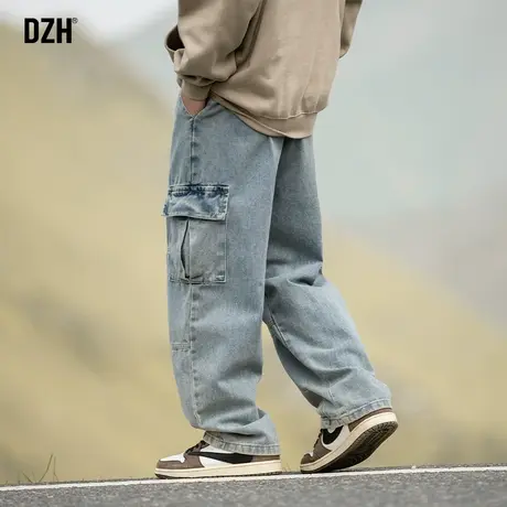 男生蓝色牛仔裤男秋季美式高街休闲裤子2024新款阔腿直筒裤宽松潮商品大图
