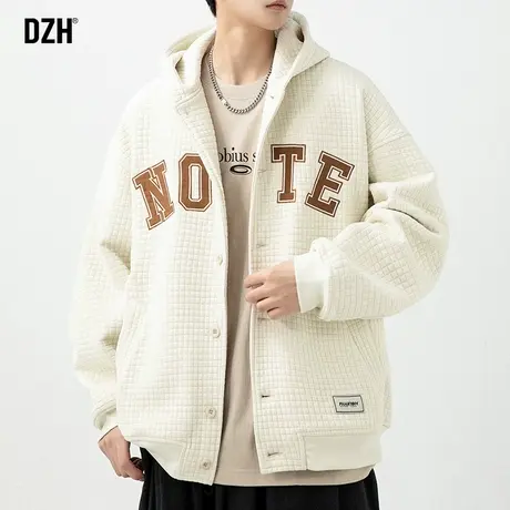 男士华夫格开衫卫衣外套男春秋款高级感痞帅卡其色连帽衫上衣百搭图片