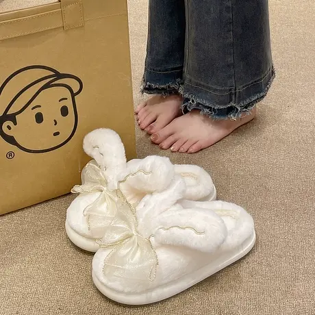 蝴蝶结棉拖鞋女冬季卡通可爱兔耳朵厚底室内家用保暖毛绒月子拖鞋图片