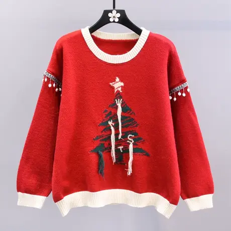 撞色流苏设计感圣诞红色毛衣女冬季2023新款宽松慵懒风针织衫上衣商品大图