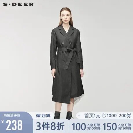 sdeer圣迪奥女装平驳领双排扣撞色条纹网纱拼接收腰风衣S19381826💙商品大图