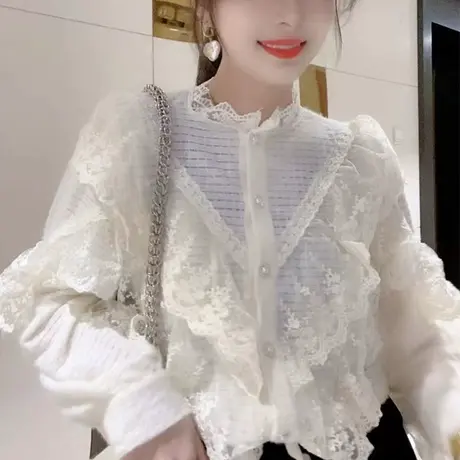 【直播】粉红大布娃娃气质蕾丝衬衫商品大图