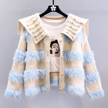 甜美温柔风钉珠娃娃领毛衣外套女冬季2023新款宽松设计感针织开衫商品大图