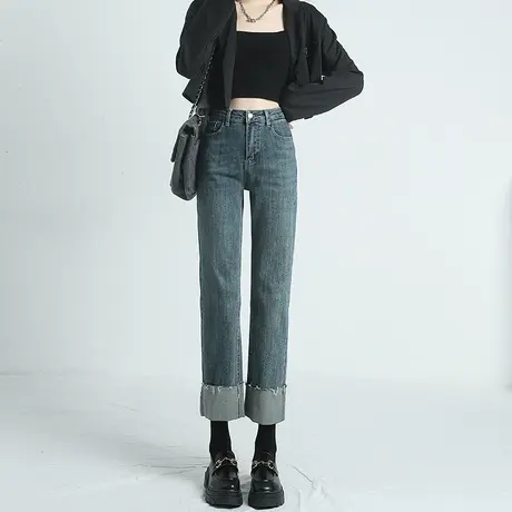 高腰加绒加厚直筒牛仔裤女秋冬2023新款显瘦小个子九分阔腿烟管裤商品大图