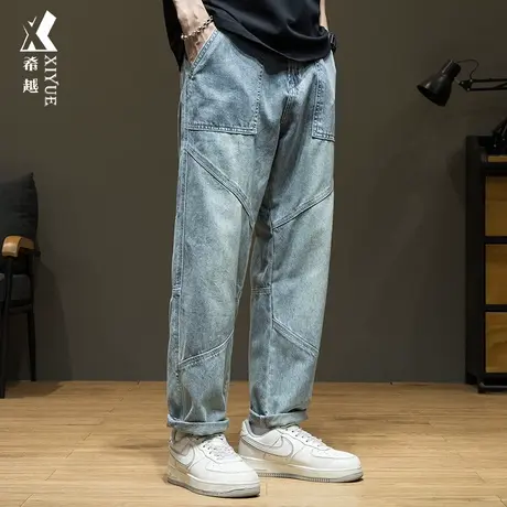 希越休闲牛仔裤男2024春季设计感拼接男士长裤宽松直筒大码男裤子商品大图