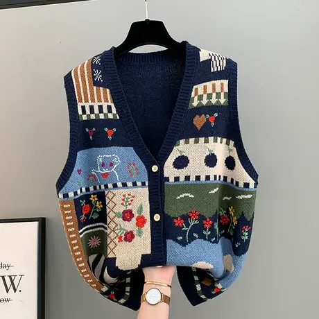 V领针织绣花开衫马甲背心女2025春季新款宽松马夹涂鸦毛衣坎肩潮商品大图