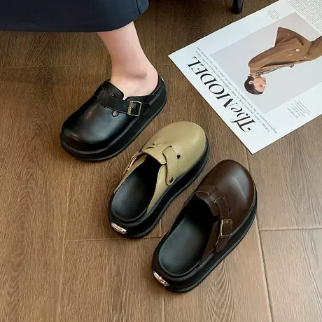 外穿半拖鞋女款2024春季新款厚底松糕休闲鞋小个子增高防水包头拖商品大图