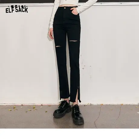 妖精的口袋高腰破洞牛仔裤女2023秋季新款黑色显瘦微喇开叉铅笔裤商品大图