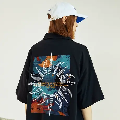 Nuthink潮牌美式高街风太阳Polo衫夏季大码oversize翻领短袖男潮商品大图