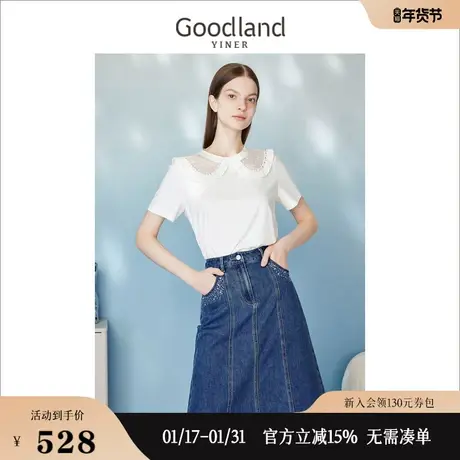 【紫雾春城】Goodland美地女装2023夏季短袖花朵蕾丝T恤优雅商品大图
