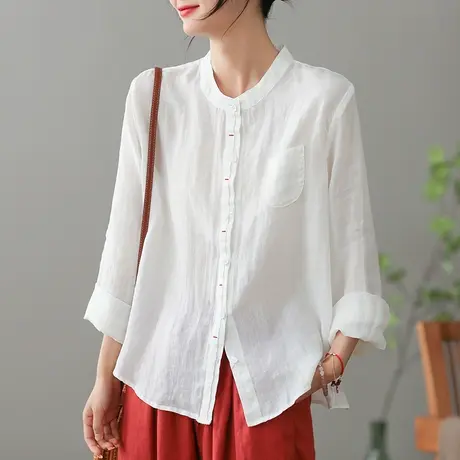 dza 复古苎麻女士衬衫2023夏季白色立领衬衣宽松显瘦棉麻开衫上衣图片