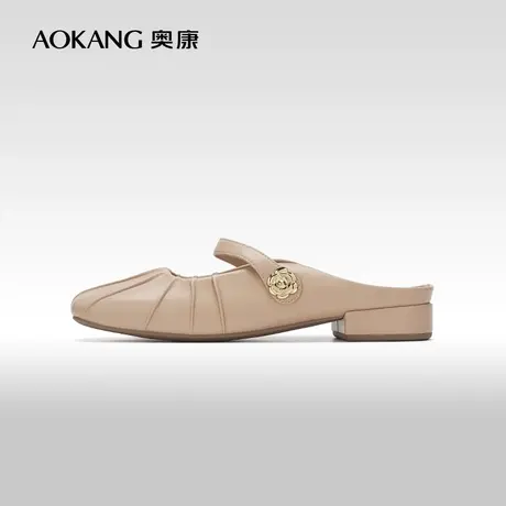 【门店发货】奥康女鞋 新款复古精致半拖穆勒鞋山茶花扣图片