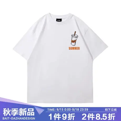 港风潮牌夏日趣味小清新白色t恤男重磅落肩短袖oversize情侣上衣商品大图