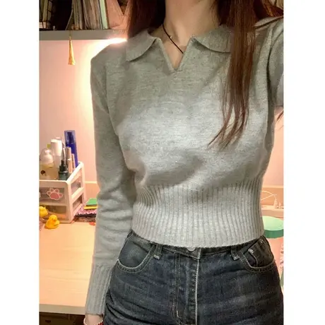 polo领打底衫女内搭秋冬高级感洋气显瘦针织衫毛衣短款甜辣上衣图片