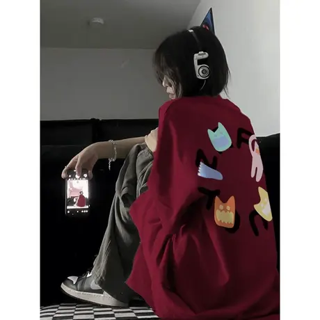 酒红色短袖t恤女小个子夏季oversize潮牌美式复古小众设计感上衣图片