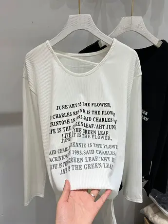 欧货字母宽松中长款慵懒风休闲韩系开叉宽松大版印花T恤打底衫女商品大图