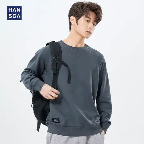 汉斯卡无帽卫衣男春秋冬款圆领纯色长袖加绒加厚打底衫男运动上衣商品大图