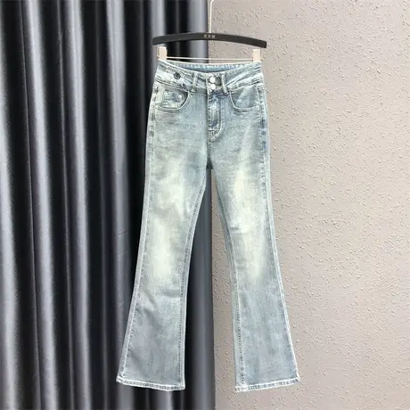 欧货微喇裤女2024春夏新款浅蓝色个性磨白喇叭裤洋气百搭牛仔长裤图片