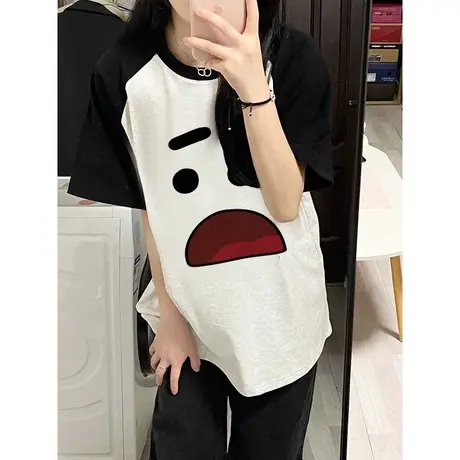 港风oversize大码t恤女夏插肩袖设计感拼接短袖ins潮圆领显瘦上衣图片