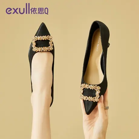 依思q尖头浅口单鞋2024新款法式水钻细跟工作鞋黑色高跟鞋女春秋图片