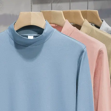 重磅纯棉长袖t恤男装半高领小衫潮流内搭打底衫全棉纯色中领秋衣商品大图