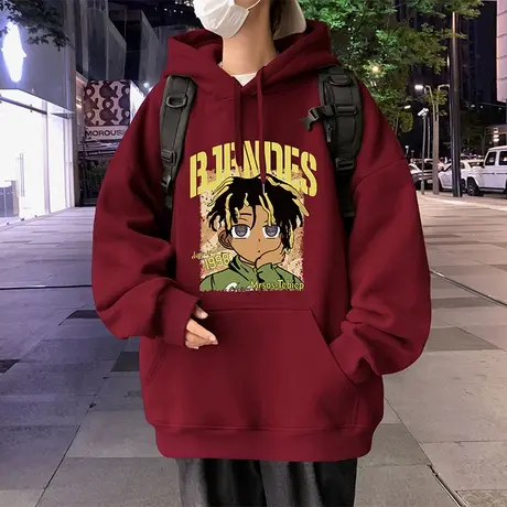 酒红色潮流重磅纯棉连帽卫衣男秋冬季情侣款美式帽衫休闲宽松外套商品大图