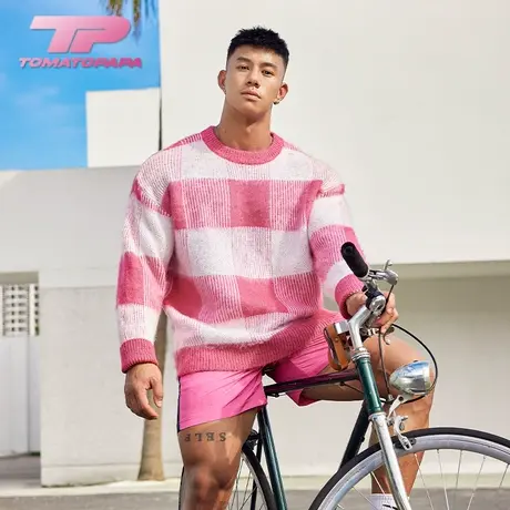 TOMATOPAPA秋冬毛衣长袖圆领宽松落肩保暖撞色拼接针织衫流苏上衣图片