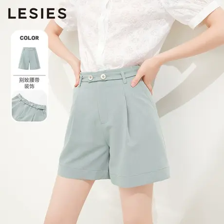 LESIES蓝色倾情夏装新款时尚休闲腰带双插袋轻职风阔腿裤女短裤商品大图