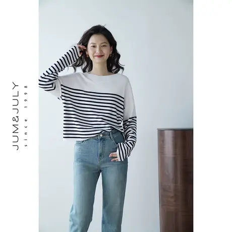 嘉茱莉2023秋季新款撞色条纹针织衫女薄款外搭宽松落肩长袖毛衣商品大图