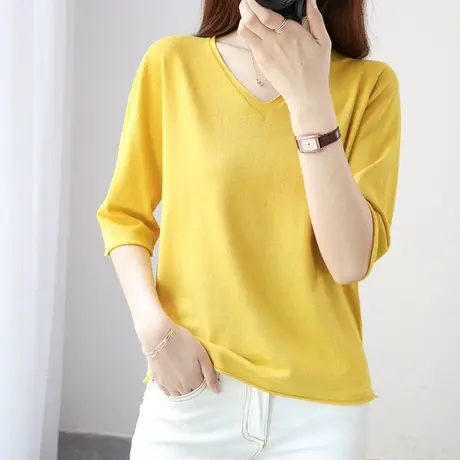 短袖t恤女纯棉2023年新款女春秋装打底衫女内搭宽松百搭V领针织衫商品大图