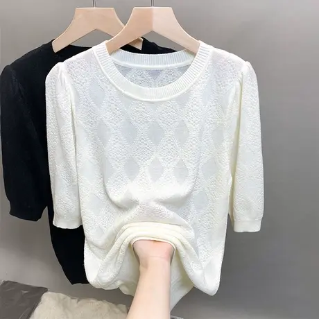 圆领镂空针织衫女2023春夏秋新款宽松泡泡袖上衣薄款中袖t恤衫潮商品大图