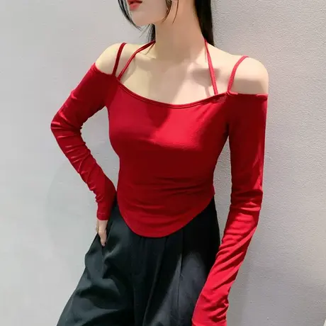 2023秋装新款一字领T恤女长袖性感高腰短款上衣内搭露肩打底衫潮商品大图