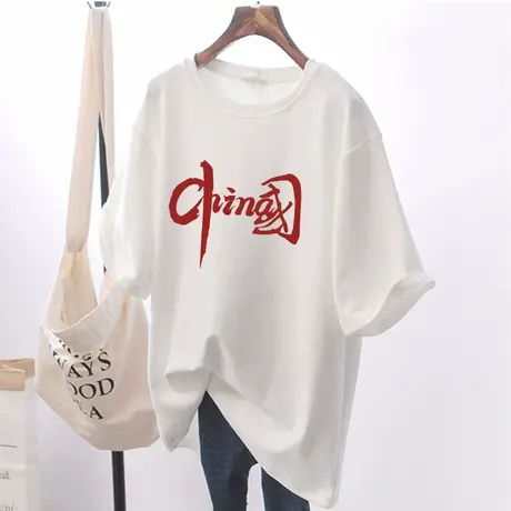 纯棉短袖t恤女2023夏装新款设计感小众中国风印花宽松长款上衣潮商品大图