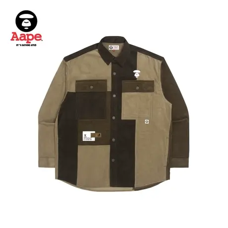 Aape旗舰店男装秋冬撞色拼接宽松版字母刺绣潮流长袖衬衫8426XXJ商品大图