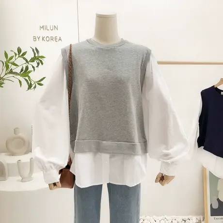 2022春季款上衣韩国东大门简约洋气马甲卫衣拼接灯笼袖白衬衫遮肉商品大图