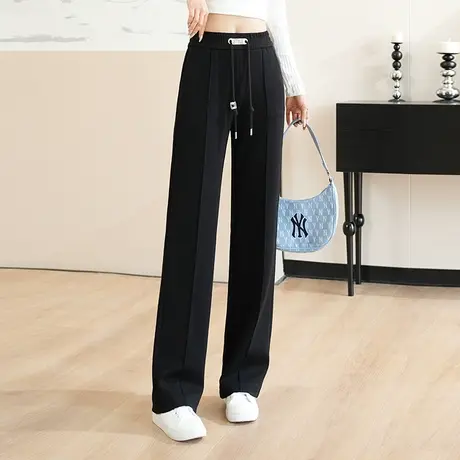 松紧腰系绳阔腿裤黑色长裤子女秋季2023新款显瘦垂感直筒裤休闲裤商品大图