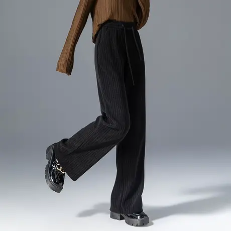 窄版高腰阔腿裤女2023新款春秋女裤黑色条纹裤子显瘦拖地裤直筒裤图片