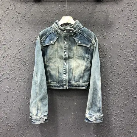 网红英伦立领复古做旧牛仔外套女欧货春季新款休闲显瘦短款上衣潮图片