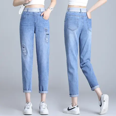 浅色破洞牛仔裤女夏季薄款2023年直筒休闲九分裤刺绣松紧腰老爹裤商品大图