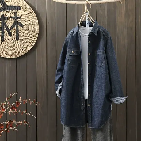 枫谜21年秋冬新款文艺复古加绒中长款牛仔衬衫女宽松休闲加厚衬衣图片