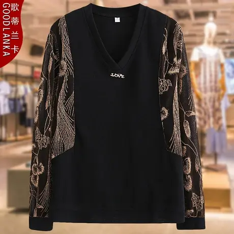 40-50岁中年妈妈春装长袖T恤大码宽松女士t恤撞色拼接打底衫上衣商品大图