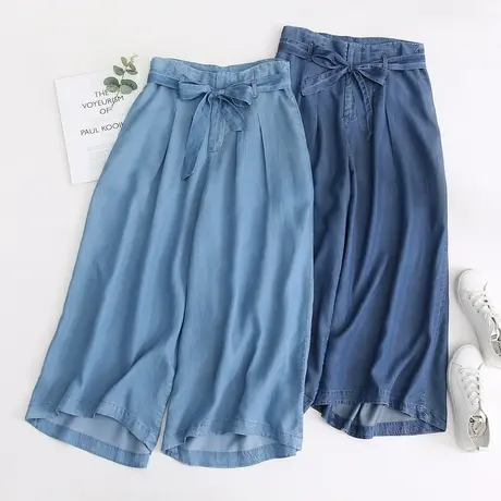 天丝阔腿九分牛仔裤女高腰松紧腰蝴蝶结系带薄款休闲宽腿裤春夏款图片