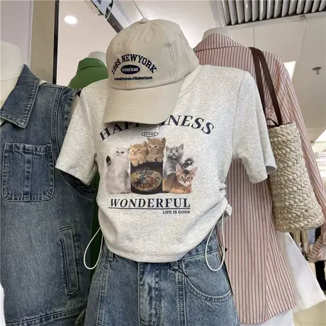 十三行女装2023夏季新款韩版时尚短款辣妹喵咪印花显瘦百搭t恤商品大图