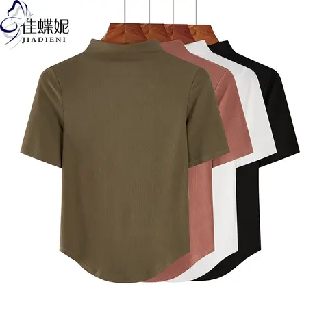 夏季新款韩版半高领修身纯白纯色纯欲燕尾摆短袖体恤上衣女打底衫商品大图