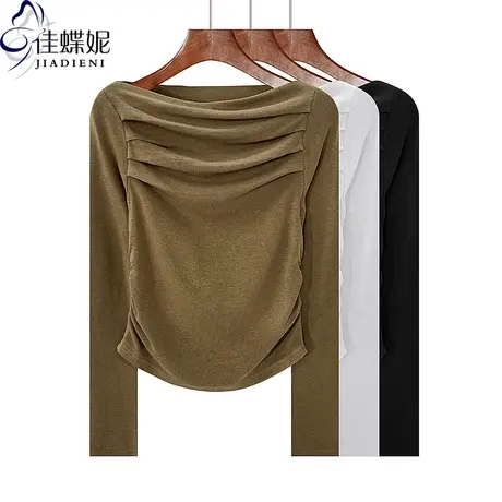 秋冬新款一字领性感纯欲褶皱纯棉短款纯色长袖体恤上衣女打底衫商品大图