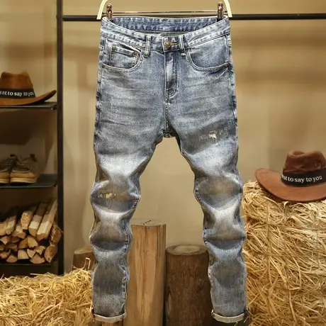 潮牌耐磨牛仔裤男百搭修身小脚裤潮流时尚个性磨破补丁弹力长裤子商品大图