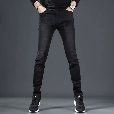 香港高端薄绒牛仔裤男款秋冬季2022新款修身小脚弹力男士裤子冬款商品大图