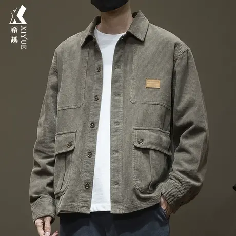 希越灯芯绒纯棉拼接工装夹克男秋季宽松大码防风水洗贴布口袋外套商品大图